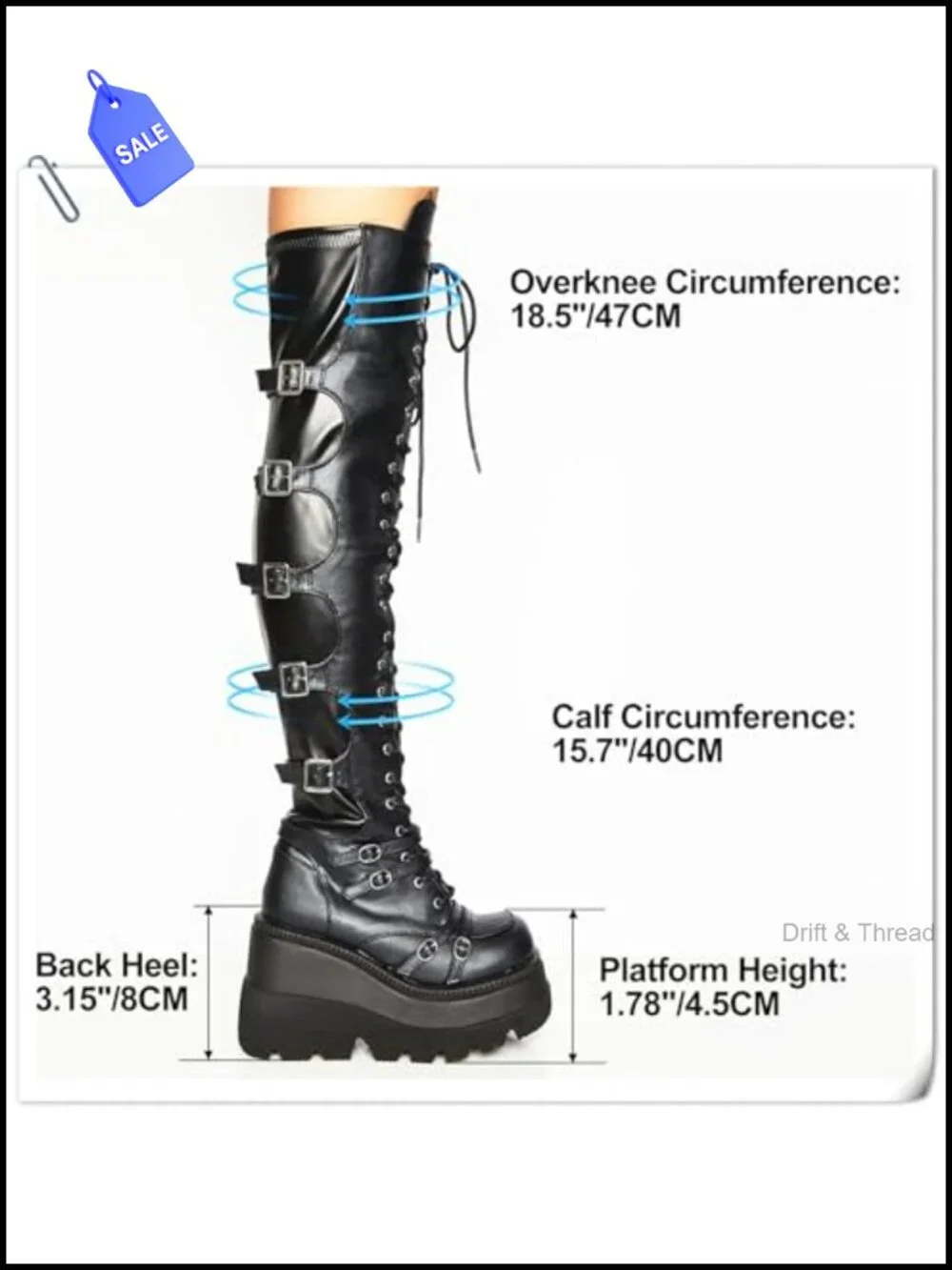Black Over Knee Platform Boots Faux Leather Chunky Heel Buckles